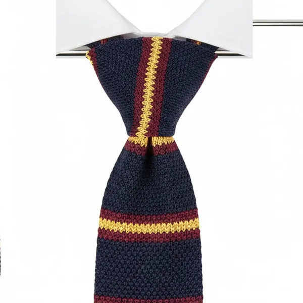 Calixto_Men’s_Navy_Blue_Striped_Knit_Tie_–_Slim_Knitted_Necktie_with_Yellow_&_Burgundy_Stripes_–_Classic_Textured_Woven_Tie_for_Business,_Wedding,_Office_&_Casual_Wear_–_Stylish_Knit_Neck_Tie_for_Men