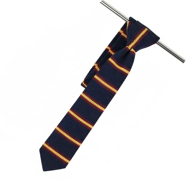 Calixto_Men’s_Navy_Blue_Striped_Knit_Tie_–_Slim_Knitted_Necktie_with_Yellow_&_Burgundy_Stripes_–_Classic_Textured_Woven_Tie_for_Business,_Wedding,_Office_&_Casual_Wear_–_Stylish_Knit_Neck_Tie_for_Men