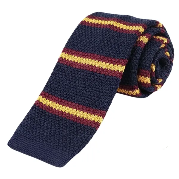 Calixto_Men’s_Navy_Blue_Striped_Knit_Tie_–_Slim_Knitted_Necktie_with_Yellow_&_Burgundy_Stripes_–_Classic_Textured_Woven_Tie_for_Business,_Wedding,_Office_&_Casual_Wear_–_Stylish_Knit_Neck_Tie_for_Men