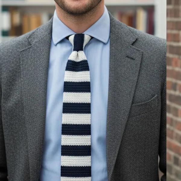 Calixto_Men’s_Pre-Tied_Knitted_Tie_–_Classic_Navy_Blue_with_Red_&_White_Stripes_–_Elastic_Neckband,_No-Knot_Required,_Slim_Modern_Style_for_Work,_School_&_Formal_Wear