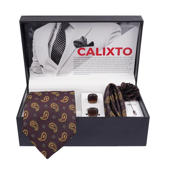 Calixto_Mens_Plaid_Micro_Self_Silk_Necktie_Gift_Set_With_Pocket_Square_Cufflinks_&_Brooch_Pin_Formal_Tie_With_Leatherite_Box_(Free_Size)_|_Leather_Gift_Box
