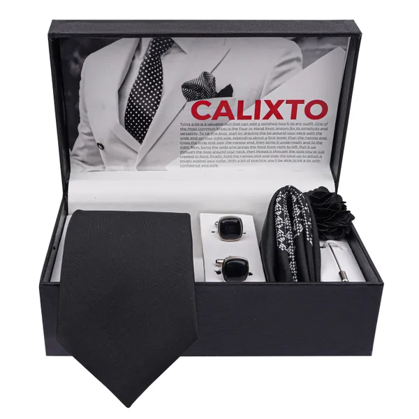 Black_Micro_Self_Silk_Necktie_With_Pocket_Square,_Cufflinks_&_Brooch_Pin_Leather_Gift_Box_(Set_of_4)