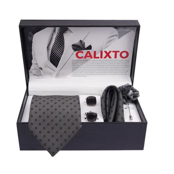 Calixto_Mens_Plaid_Micro_Self_Silk_Necktie_Gift_Set_With_Pocket_Square_Cufflinks_&_Brooch_Pin_Formal_Tie_With_Leatherite_Box_(Free_Size)_|_Leather_Gift_Box