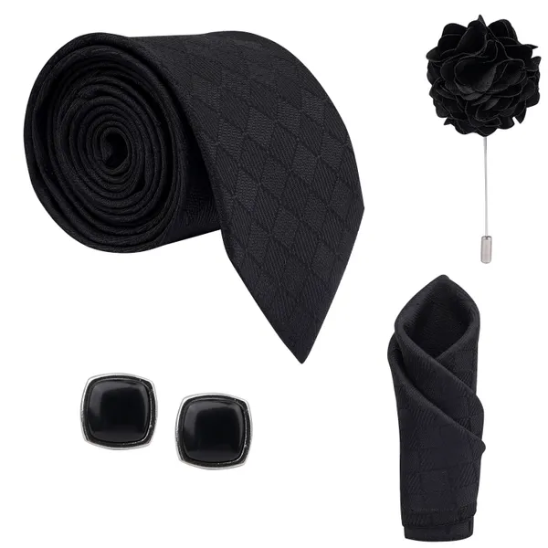 Calixto_Mens_Plaid_Micro_Self_Silk_Necktie_Gift_Set_With_Pocket_Square_Cufflinks_&_Brooch_Pin_Formal_Tie_With_Leatherite_Box_(Free_Size)_|_Leather_Gift_Box