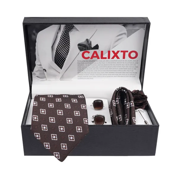 Calixto_Mens_Plaid_Micro_Self_Silk_Necktie_Gift_Set_With_Pocket_Square_Cufflinks_&_Brooch_Pin_Formal_Tie_With_Leatherite_Box_(Free_Size)_|_Leather_Gift_Box