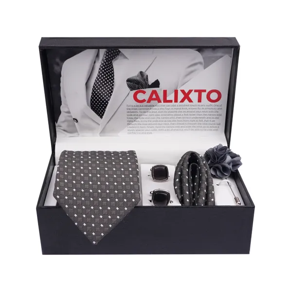 Calixto_Mens_Plaid_Micro_Self_Silk_Necktie_Gift_Set_With_Pocket_Square_Cufflinks_&_Brooch_Pin_Formal_Tie_With_Leatherite_Box_(Free_Size)_|_Leather_Gift_Box