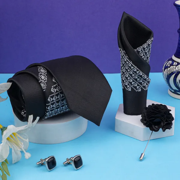 Black_Micro_Self_Silk_Necktie_With_Pocket_Square,_Cufflinks_&_Brooch_Pin_Leather_Gift_Box_(Set_of_4)