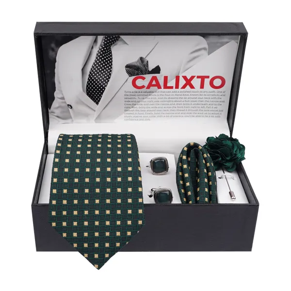 Calixto_Mens_Plaid_Micro_Self_Silk_Necktie_Gift_Set_With_Pocket_Square_Cufflinks_&_Brooch_Pin_Formal_Tie_With_Leatherite_Box_(Free_Size)_|_Leather_Gift_Box