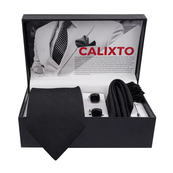 Calixto_Mens_Plaid_Micro_Self_Silk_Necktie_Gift_Set_With_Pocket_Square_Cufflinks_&_Brooch_Pin_Formal_Tie_With_Leatherite_Box_(Free_Size)_|_Leather_Gift_Box