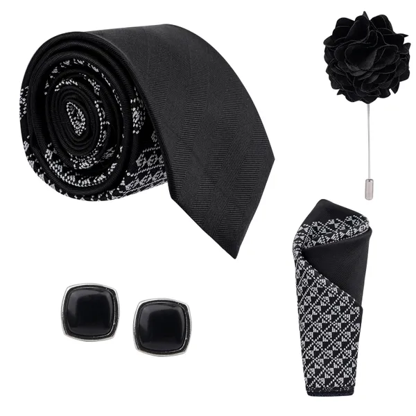 Black_Micro_Self_Silk_Necktie_With_Pocket_Square,_Cufflinks_&_Brooch_Pin_Leather_Gift_Box_(Set_of_4)
