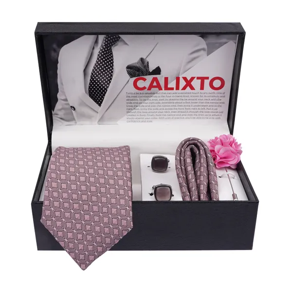 Calixto_Mens_Plaid_Micro_Self_Silk_Necktie_Gift_Set_With_Pocket_Square_Cufflinks_&_Brooch_Pin_Formal_Tie_With_Leatherite_Box_(Sidirx_Free_Size)_|_Leather_Gift_Box