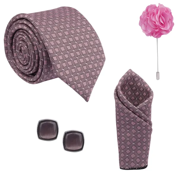Calixto_Mens_Plaid_Micro_Self_Silk_Necktie_Gift_Set_With_Pocket_Square_Cufflinks_&_Brooch_Pin_Formal_Tie_With_Leatherite_Box_(Sidirx_Free_Size)_|_Leather_Gift_Box
