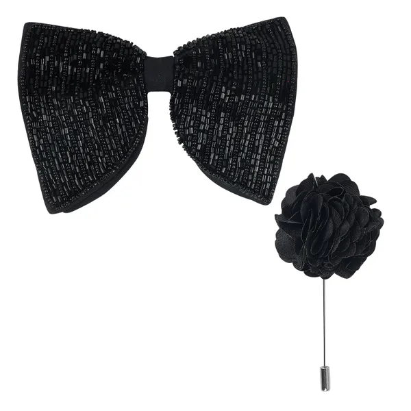 Black_Premium_Embroidery_Micro_Fabric_Big_Bow_Tie_For_Men_With_Flower_Lapel_Pin,_Butterfly_Bow_with_adjustable_Strap