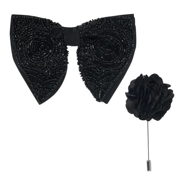 Black_Premium_Embroidery_Micro_Fabric_Big_Bow_Tie_For_Men_With_Flower_Lapel_Pin,_Butterfly_Bow_with_adjustable_Strap