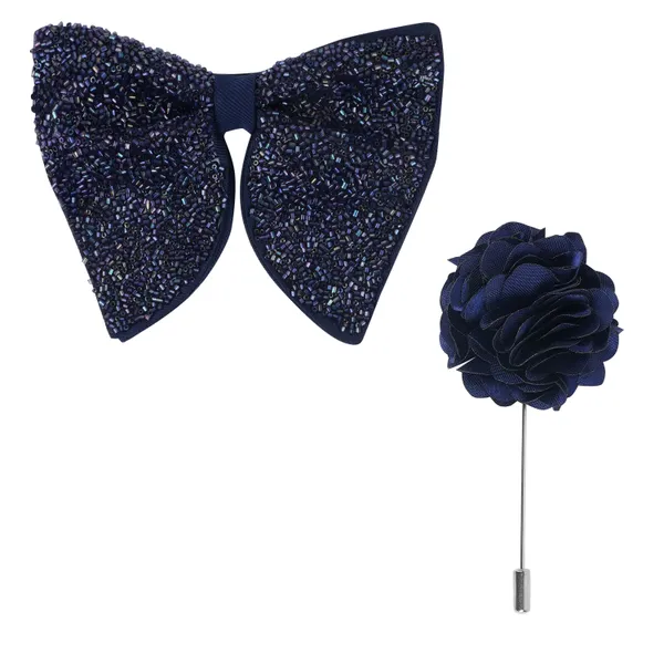 Blue_Premium_Embroidery_Micro_Fabric_Big_Bow_Tie_For_Men_With_Flower_Lapel_Pin,_Butterfly_Bow_with_adjustable_Strap