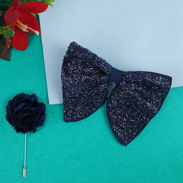 Blue_Premium_Embroidery_Micro_Fabric_Big_Bow_Tie_For_Men_With_Flower_Lapel_Pin,_Butterfly_Bow_with_adjustable_Strap