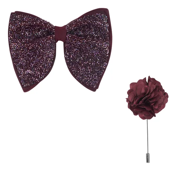 Wine_Premium_Embroidery_Micro_Fabric_Big_Bow_Tie_For_Men_With_Flower_Lapel_Pin,_Butterfly_Bow_with_adjustable_Strap