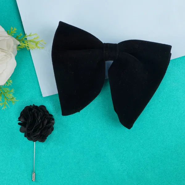 Black_Premium_Embroidery_Micro_Fabric_Big_Bow_Tie_For_Men_With_Flower_Lapel_Pin,_Butterfly_Velvet_Bow_with_adjustable_Strap
