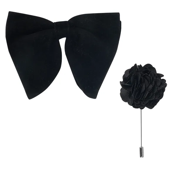 Black_Premium_Embroidery_Micro_Fabric_Big_Bow_Tie_For_Men_With_Flower_Lapel_Pin,_Butterfly_Velvet_Bow_with_adjustable_Strap