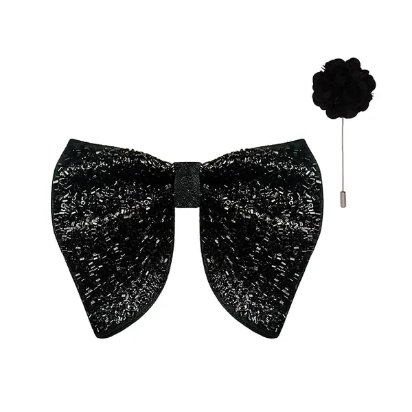Premium_Embroidery_Micro_Fabric_Designer_Big_Bow_Tie_For_Men_With_Flower_Lapel_Pin,_Butterfly_Bow_with_adjustable_Strap_|_Black|_(Free_Size).