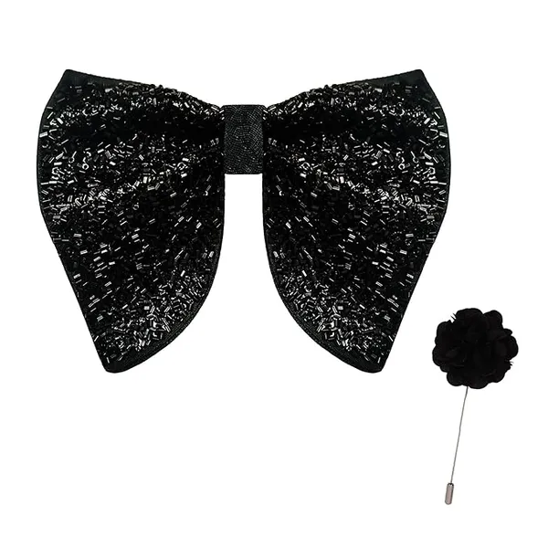 Premium_Embroidery_Micro_Fabric_Designer_Big_Bow_Tie_For_Men_With_Flower_Lapel_Pin,_Butterfly_Bow_with_adjustable_Strap_|_Black|_(Free_Size).