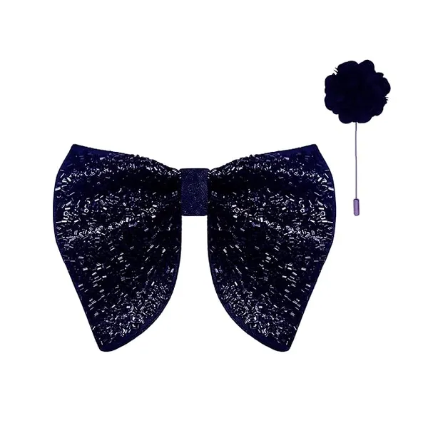 Premium_Embroidery_Micro_Fabric_Designer_Big_Bow_Tie_For_Men_With_Flower_Lapel_Pin,_Butterfly_Bow_with_adjustable_Strap_|_Blue_|_(Free_Size).