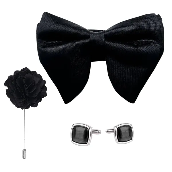 Calixto_Premium_Solid_Polyseter_Satin_Fabric_Big_Bow_Tie_With_Lapel_pin_&_Cufflinks_For_Men,_Butterfly_Bow_with_adjustable_Strap_|_Black|_(Free_Size).