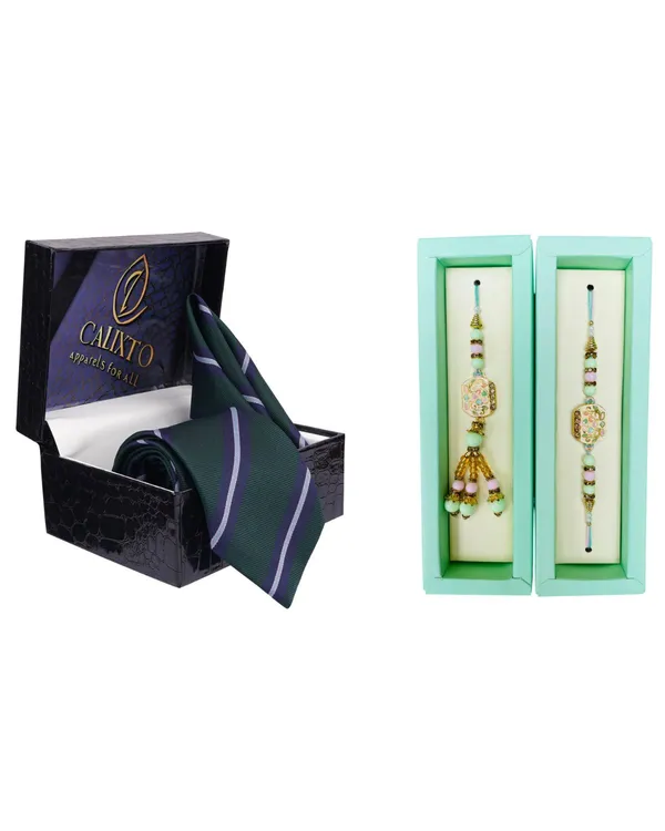 Calixto_Men's_Microfibre_Strips_Designer_Necktie_With_Pocket_Square_(Leatharite_Gift_Box)_with_Designer_Naksh_Rakhi