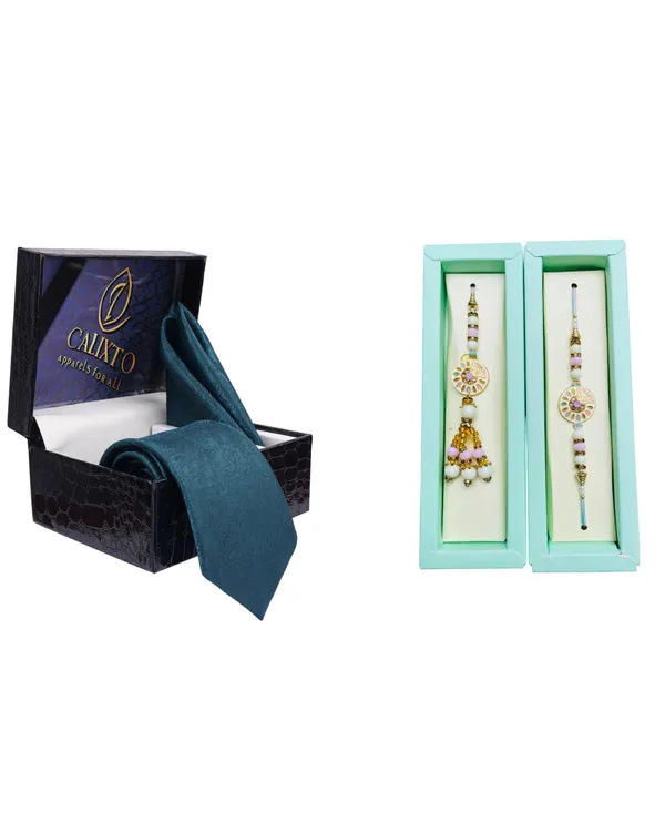 Calixto_Men's_Microfibre_Strips_Designer_Necktie_With_Pocket_Square_(Leatharite_Gift_Box)_with_Designer_Naksh_Rakhi