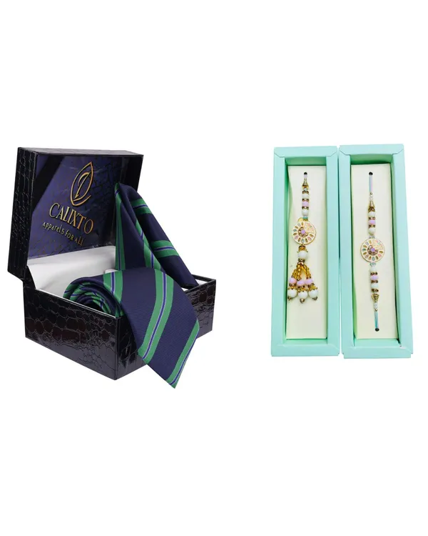Calixto_Men's_Microfibre_Strips_Designer_Necktie_With_Pocket_Square_(Leatharite_Gift_Box)_with_Designer_Naksh_Rakhi