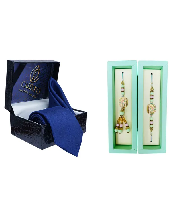 Calixto_Men's_Microfibre_Strips_Designer_Necktie_With_Pocket_Square_(Leatharite_Gift_Box)_with_Designer_Naksh_Rakhi