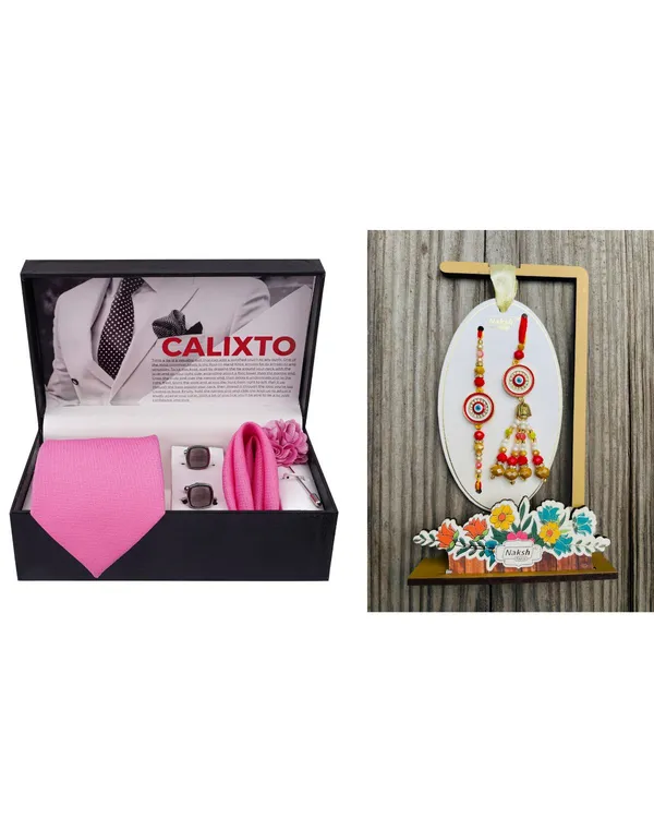 Mens_Microfiber_Necktie_Gift_Set_with_Designer_Naksh_Rakhi_Criss_Cross_Black_Tie,_Pocket_Square,_Cufflinks,_Brooch_&_Leather_Box