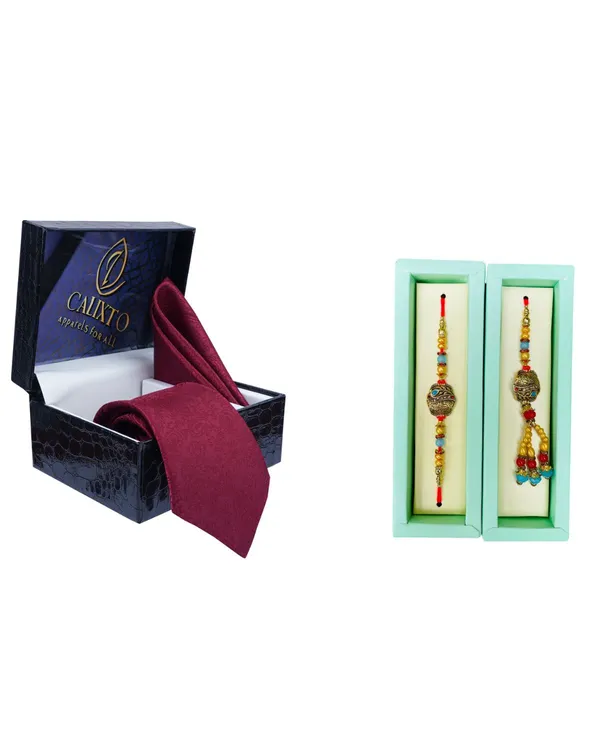 Calixto_Men's_Microfibre_Strips_Designer_Necktie_With_Pocket_Square_(Leatharite_Gift_Box)_with_Designer_Naksh_Rakhi