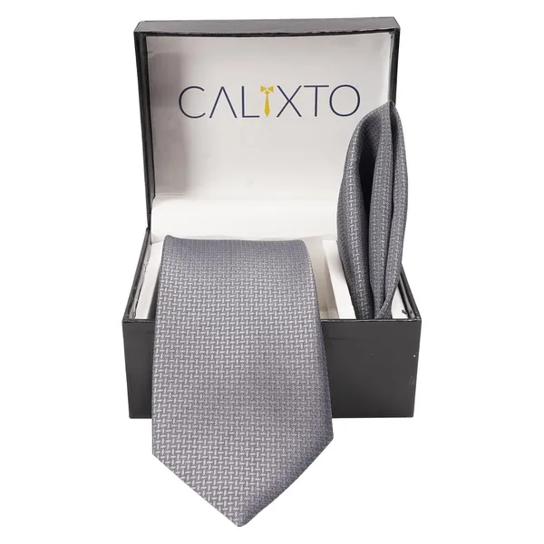 Grey_Mens_Micro_Silk_Smooth_Fabric_Criss_Cross_Design_Color_Neck_Tie_&_Pocket_Square_With_Leatherite_Gift_Box