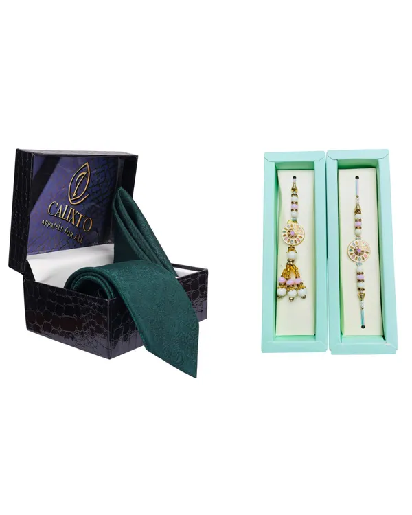 Calixto_Men's_Microfibre_Strips_Designer_Necktie_With_Pocket_Square_(Leatharite_Gift_Box)_with_Designer_Naksh_Rakhi