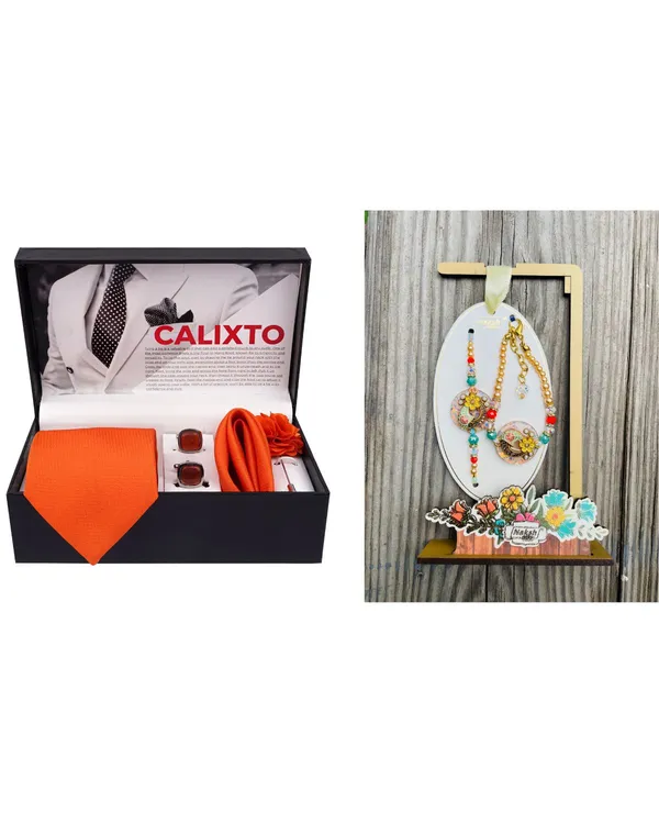 Mens_Microfiber_Necktie_Gift_Set_with_Designer_Naksh_Rakhi_Criss_Cross_Black_Tie,_Pocket_Square,_Cufflinks,_Brooch_&_Leather_Box