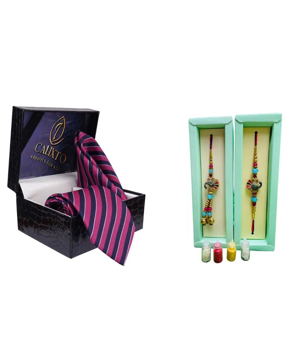 Calixto_Men's_Microfibre_Strips_Designer_Necktie_With_Pocket_Square_(Leatharite_Gift_Box)_with_Designer_Naksh_Rakhi