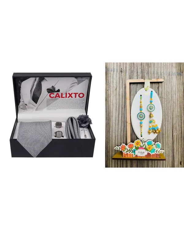 Mens_Microfiber_Necktie_Gift_Set_with_Designer_Naksh_Rakhi_Criss_Cross_Black_Tie,_Pocket_Square,_Cufflinks,_Brooch_&_Leather_Box