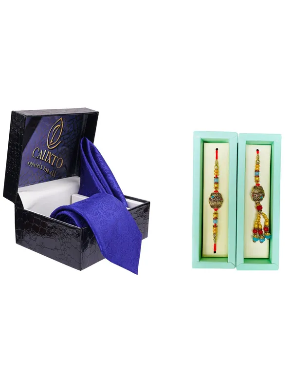 Calixto_Men's_Microfibre_Strips_Designer_Necktie_With_Pocket_Square_(Leatharite_Gift_Box)_with_Designer_Naksh_Rakhi