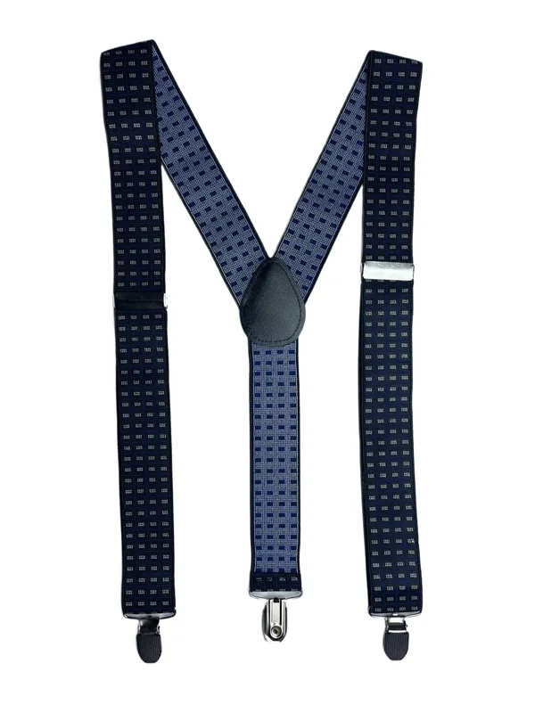 Mens_Adjustable_Y-Back_Suspenders__Wide_Clip-On_Elastic_Braces_with_Heavy-Duty_Metal_Clips,_Navy_Blue_with_White_Square_Pattern__Stylish_Suspenders_for_Pants,_Business,_Wedding,_Formal_&_Casual_Wear