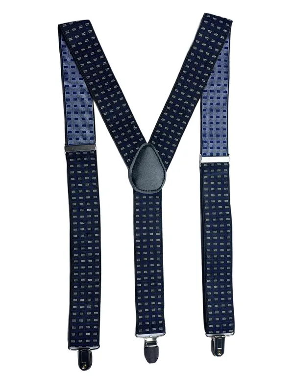 Mens_Adjustable_Y-Back_Suspenders__Wide_Clip-On_Elastic_Braces_with_Heavy-Duty_Metal_Clips,_Navy_Blue_with_White_Square_Pattern__Stylish_Suspenders_for_Pants,_Business,_Wedding,_Formal_&_Casual_Wear