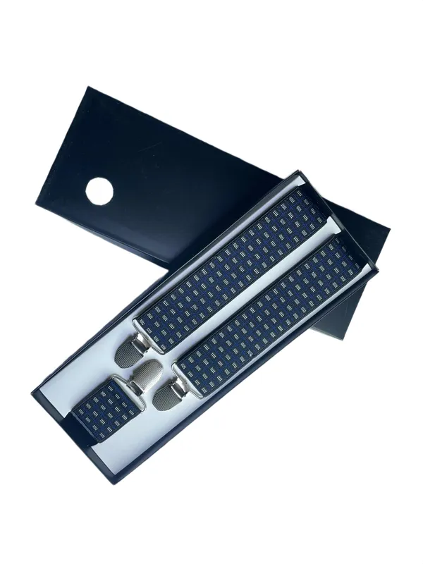 Mens_Adjustable_Y-Back_Suspenders__Wide_Clip-On_Elastic_Braces_with_Heavy-Duty_Metal_Clips,_Navy_Blue_with_White_Square_Pattern__Stylish_Suspenders_for_Pants,_Business,_Wedding,_Formal_&_Casual_Wear