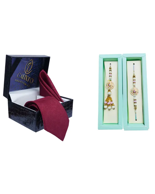 Calixto_Men's_Microfibre_Strips_Designer_Necktie_With_Pocket_Square_(Leatharite_Gift_Box)_with_Designer_Naksh_Rakhi
