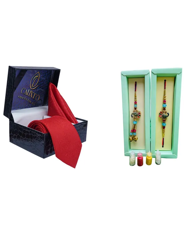 Calixto_Men's_Microfibre_Strips_Designer_Necktie_With_Pocket_Square_(Leatharite_Gift_Box)_with_Designer_Naksh_Rakhi