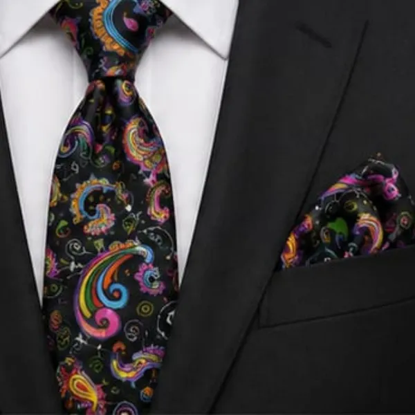 Men’s_Colorful_Paisley_Necktie_and_Pocket_Square_Set_–_Vibrant_Multicolor_Paisley_Floral_Swirl_Pattern_on_Black_–_Luxury_Silk_Feel_Tie_Handkerchief_Set_for_Weddings,_Business,_Prom_&_Formal_Events