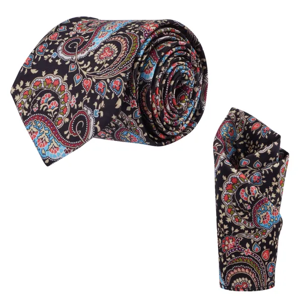 Men's_Paisley_Necktie_&_Pocket_Square_Set_–_Elegant_Multicolor_Swirl_on_Black_with_Pinstripe_–_Formal_&_Casual_Wear