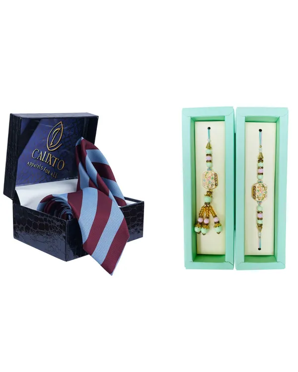 Calixto_Men's_Microfibre_Strips_Designer_Necktie_With_Pocket_Square_(Leatharite_Gift_Box)_with_Designer_Naksh_Rakhi