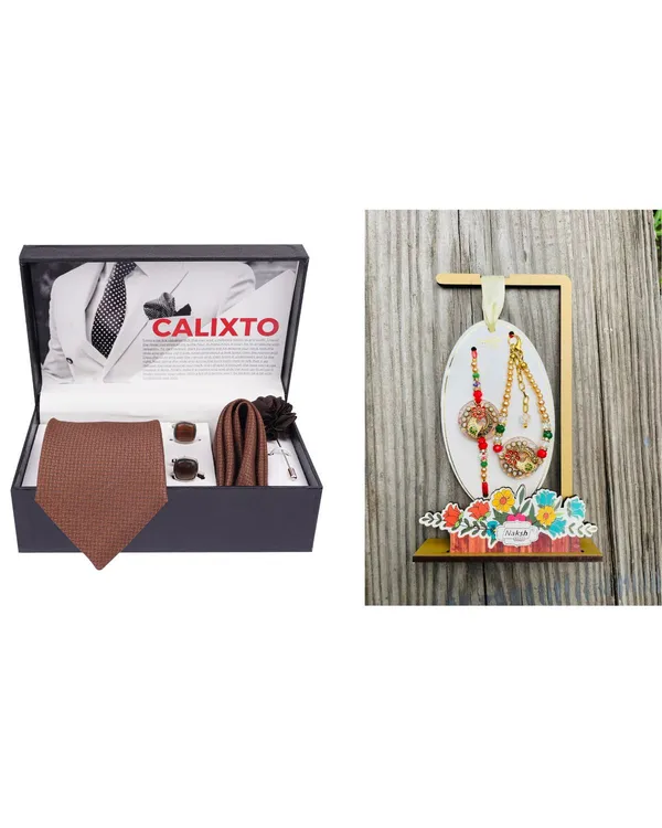 Mens_Microfiber_Necktie_Gift_Set_with_Designer_Naksh_Rakhi_Criss_Cross_Black_Tie,_Pocket_Square,_Cufflinks,_Brooch_&_Leather_Box