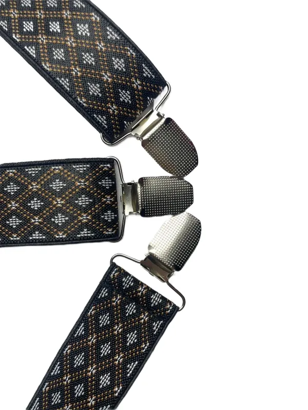 Mens_Adjustable_Y-Back_Suspenders__Wide_Clip-On_Elastic_Braces_with_Heavy-Duty_Metal_Clips,_Black_with_White_&_Brown_Diamond_Pattern__Stylish_Suspenders_for_Pants,_Wedding,_Business,_Formal_&_Casual_Outfits