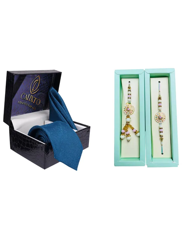 Calixto_Men's_Microfibre_Strips_Designer_Necktie_With_Pocket_Square_(Leatharite_Gift_Box)_with_Designer_Naksh_Rakhi